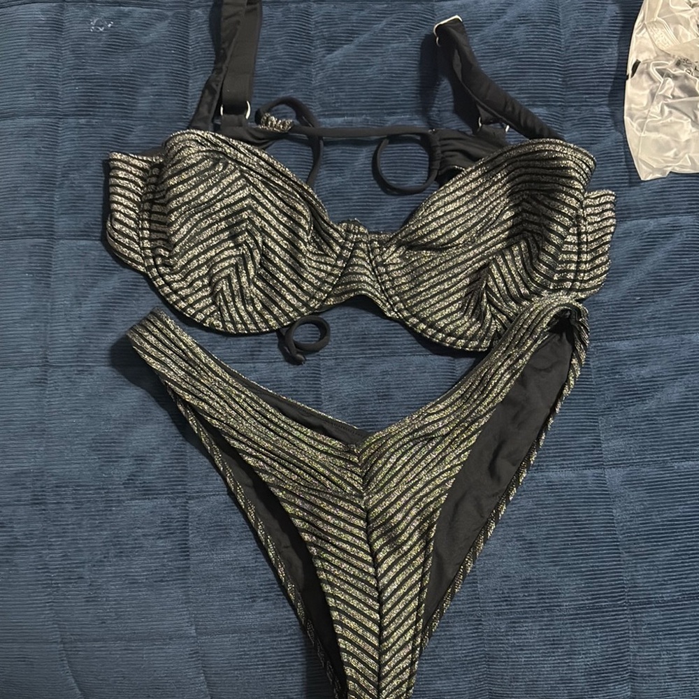 JMY The Label- Striped Black and Silver Women's Bikini